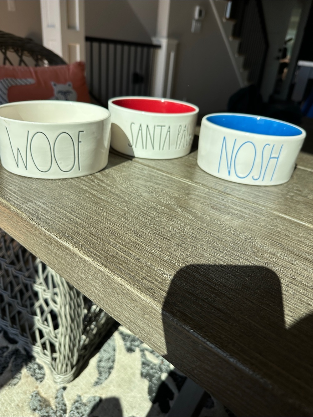 Set of 3 Rae Dunn dog bowls 6 inch woof/Santa paws/Nosh preowned/great shape